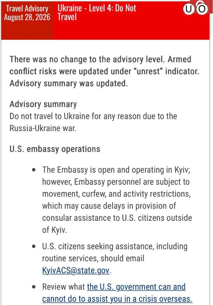 U.S. State Department sets Level 4 travel warning for Ukraine
